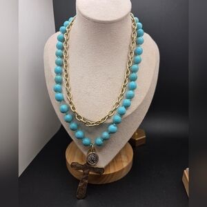 Turquoise Beaded Necklace with Gold Chain and Cross Pendant (2302)